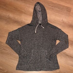 Gray light pullover with drawstring hood and front pocket